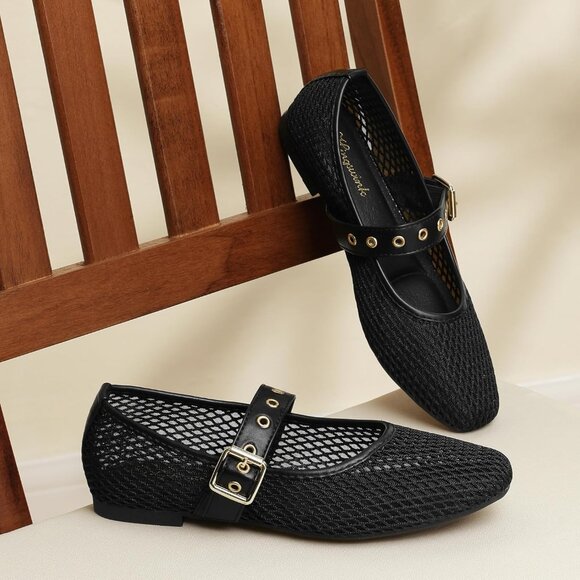 Women Mesh Black Polyurethane (PU) Closed Toe Strap Buckle Ballerina Flats - Picture 5 of 5